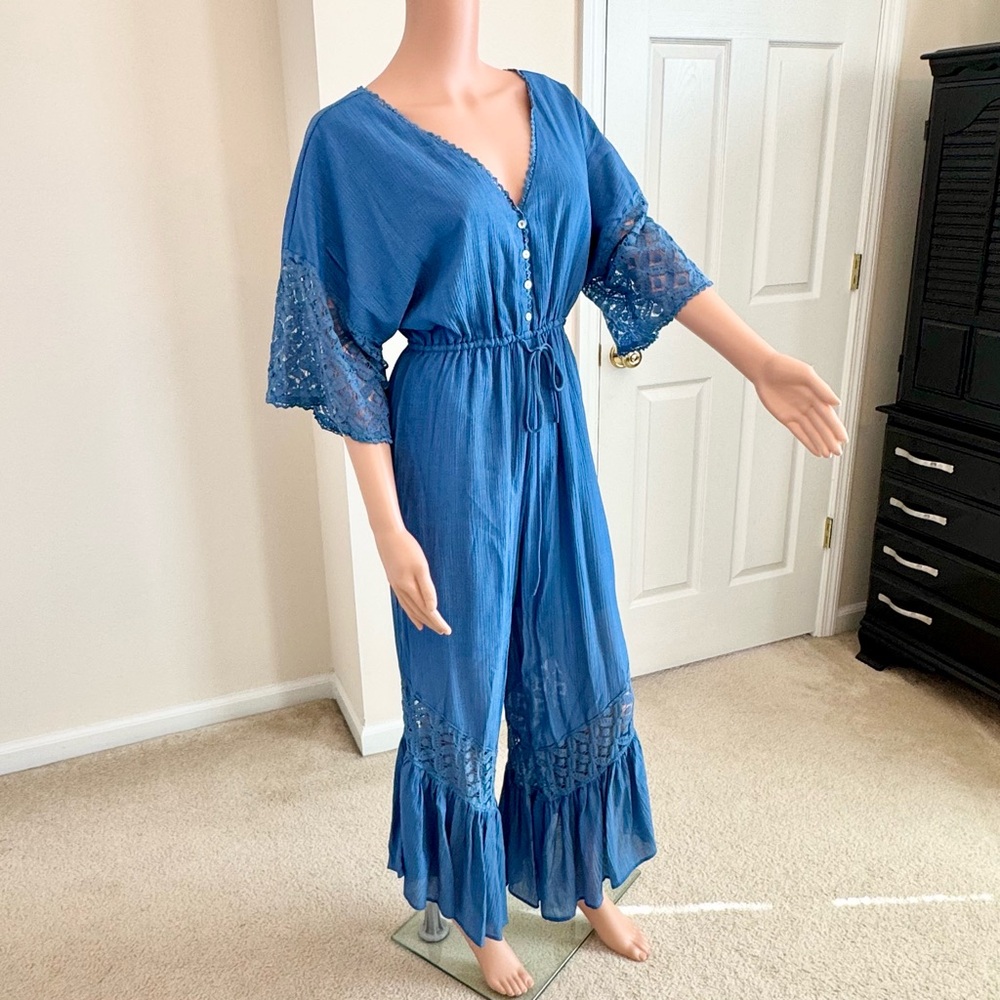 New Lace Ruffle Flowy Blue Jumpsuit Fairy Core Bohemian Wedding Guest Festival S